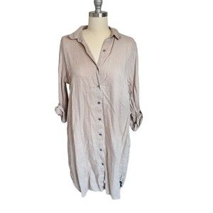 J. Jill 100% Linen‎ Shirt Dress Small Beige Knee Length Mini Rolled Sleeve